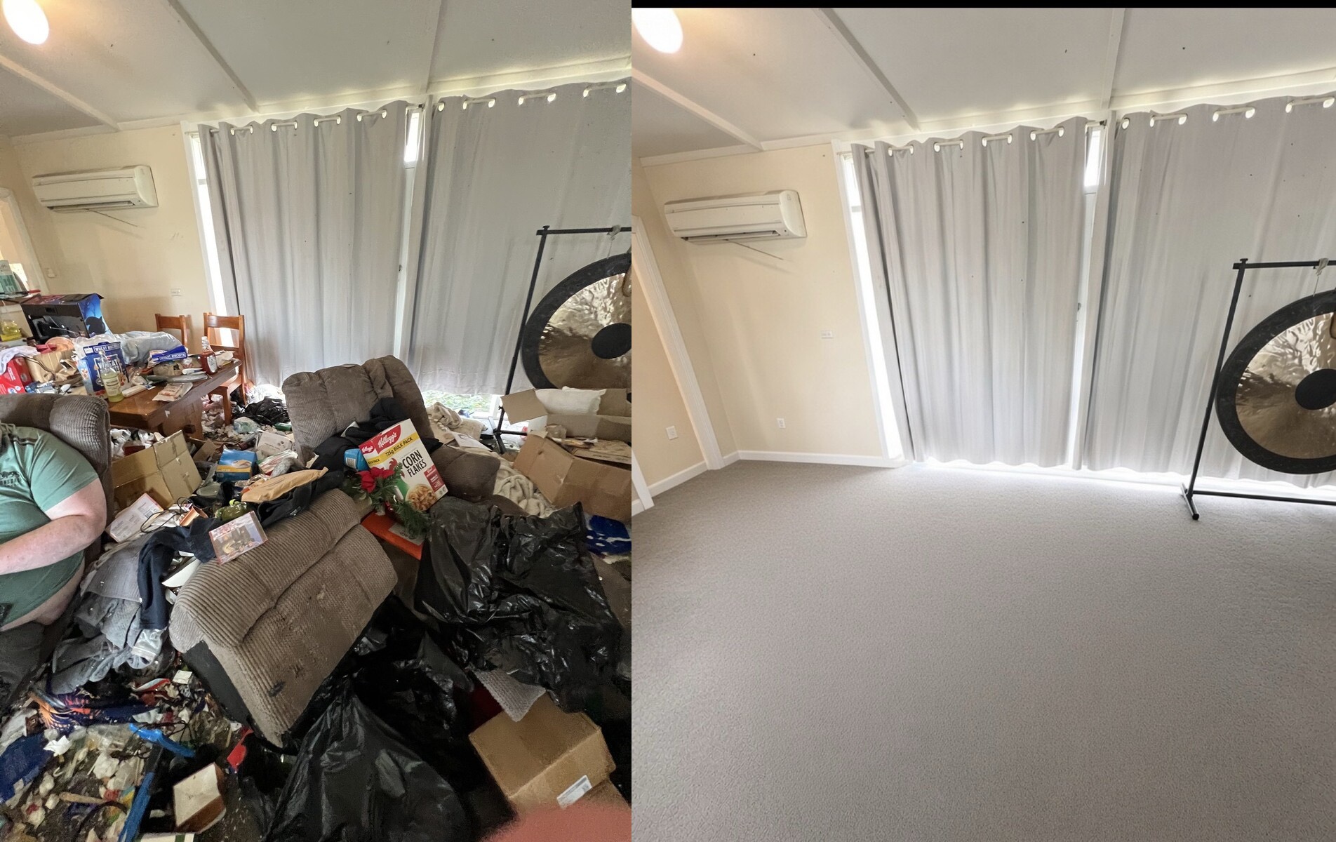 Before and after of a cluttered living room cleared out by Southern Rubbish Removal