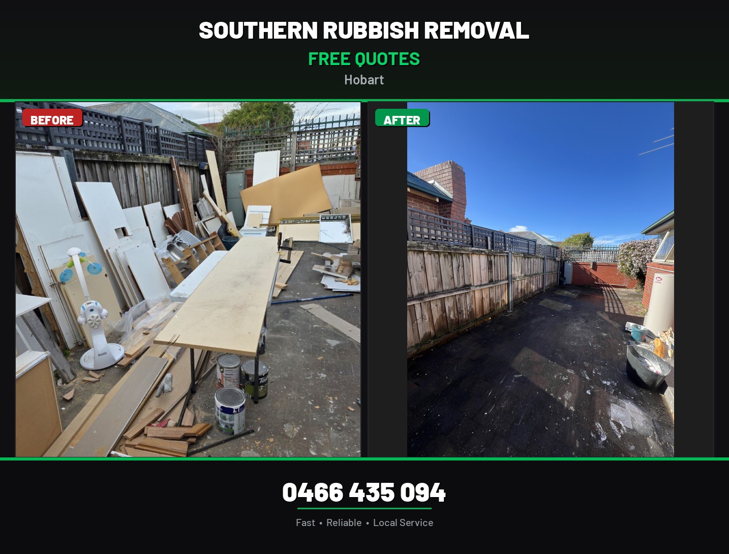 Before and after of a backyard building waste removal job in Hobart